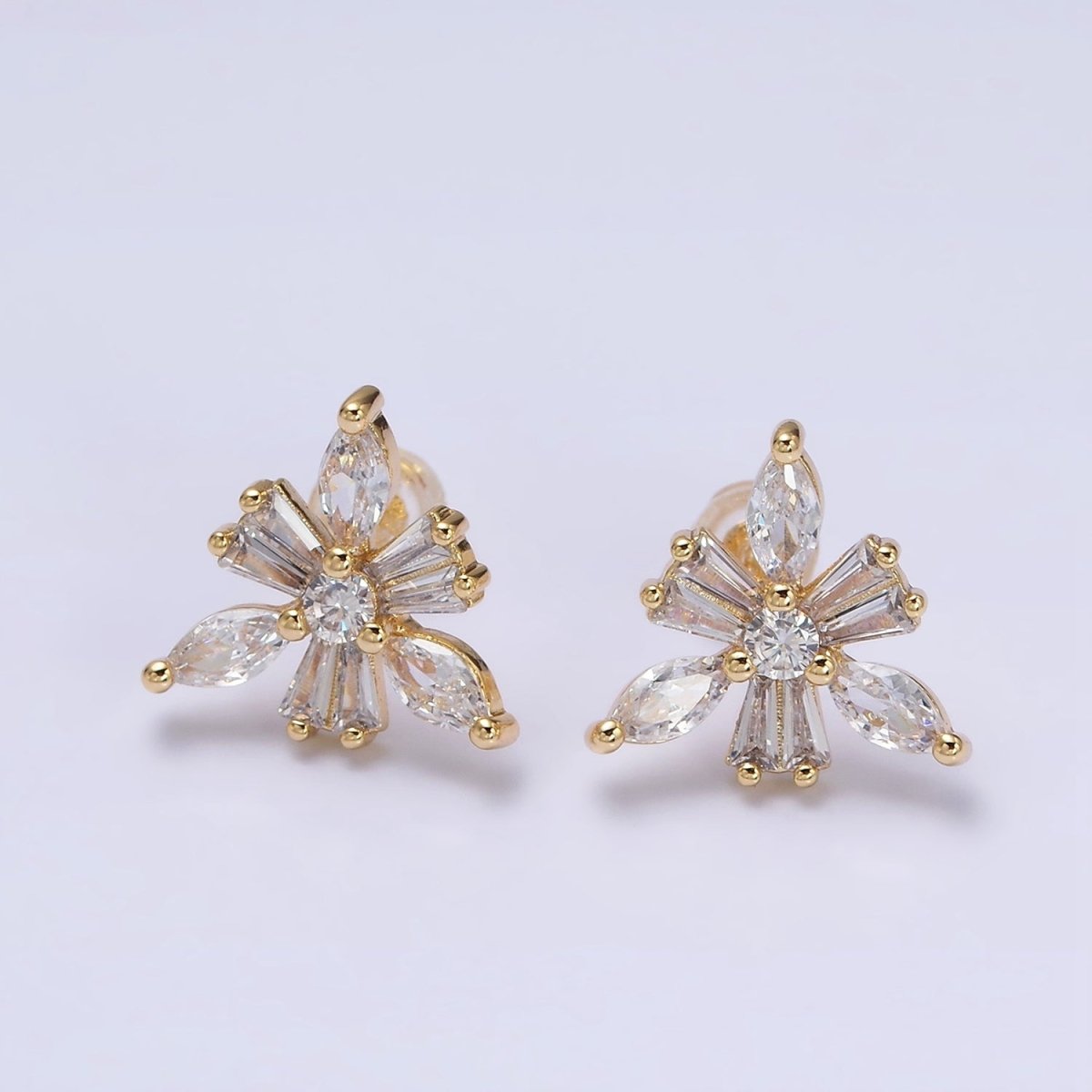 16K Gold Filled Clear CZ Snowflake Flower Baguette Marquise Stud Earrings in Gold & Silver | AD1237 AD1238 - DLUXCA