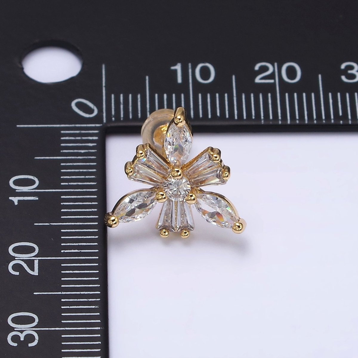 16K Gold Filled Clear CZ Snowflake Flower Baguette Marquise Stud Earrings in Gold & Silver | AD1237 AD1238 - DLUXCA