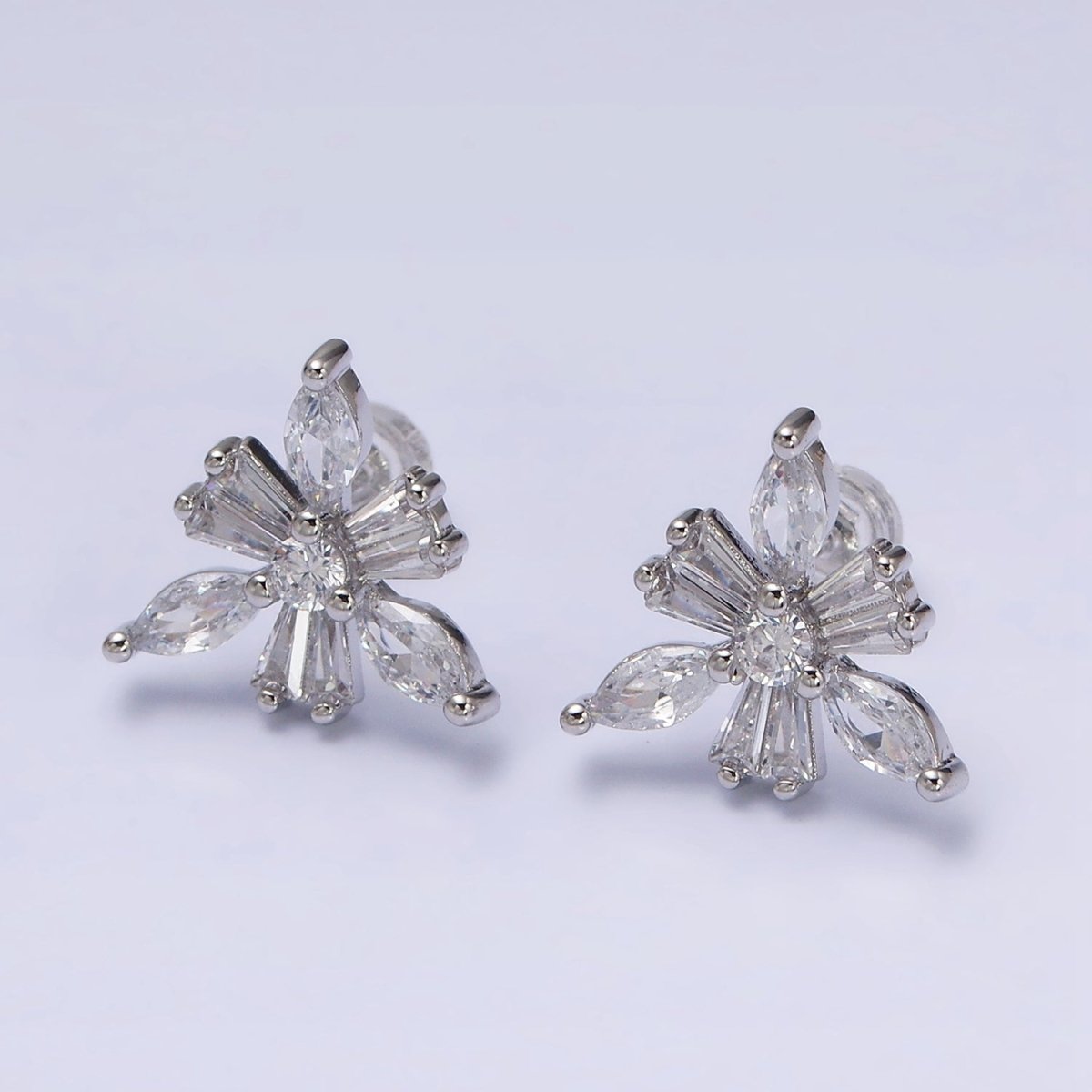 16K Gold Filled Clear CZ Snowflake Flower Baguette Marquise Stud Earrings in Gold & Silver | AD1237 AD1238 - DLUXCA