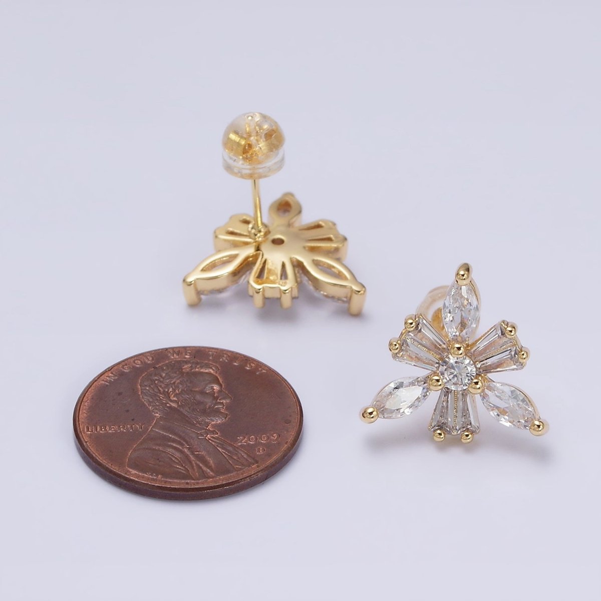 16K Gold Filled Clear CZ Snowflake Flower Baguette Marquise Stud Earrings in Gold & Silver | AD1237 AD1238 - DLUXCA