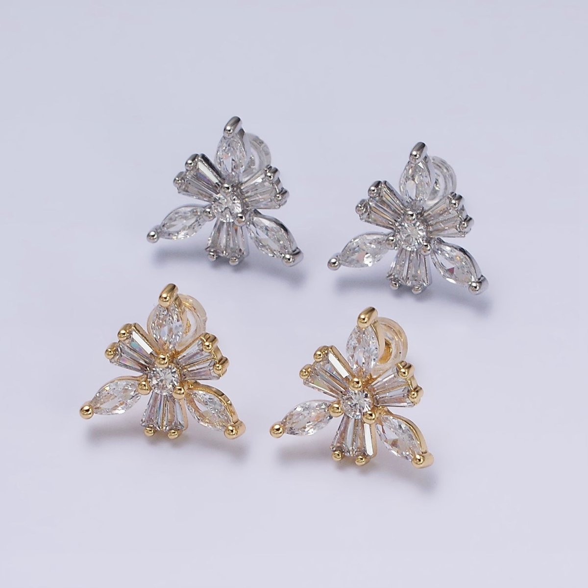 16K Gold Filled Clear CZ Snowflake Flower Baguette Marquise Stud Earrings in Gold & Silver | AD1237 AD1238 - DLUXCA