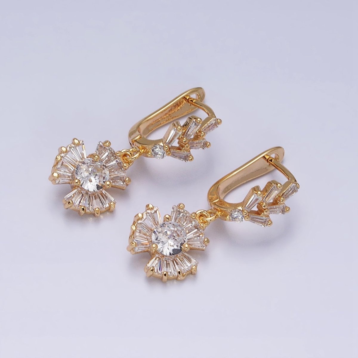 16K Gold Filled Clear CZ Sunburst Drop Baguette English Lock Earrings in Gold & Silver | AD861 AD862 - DLUXCA