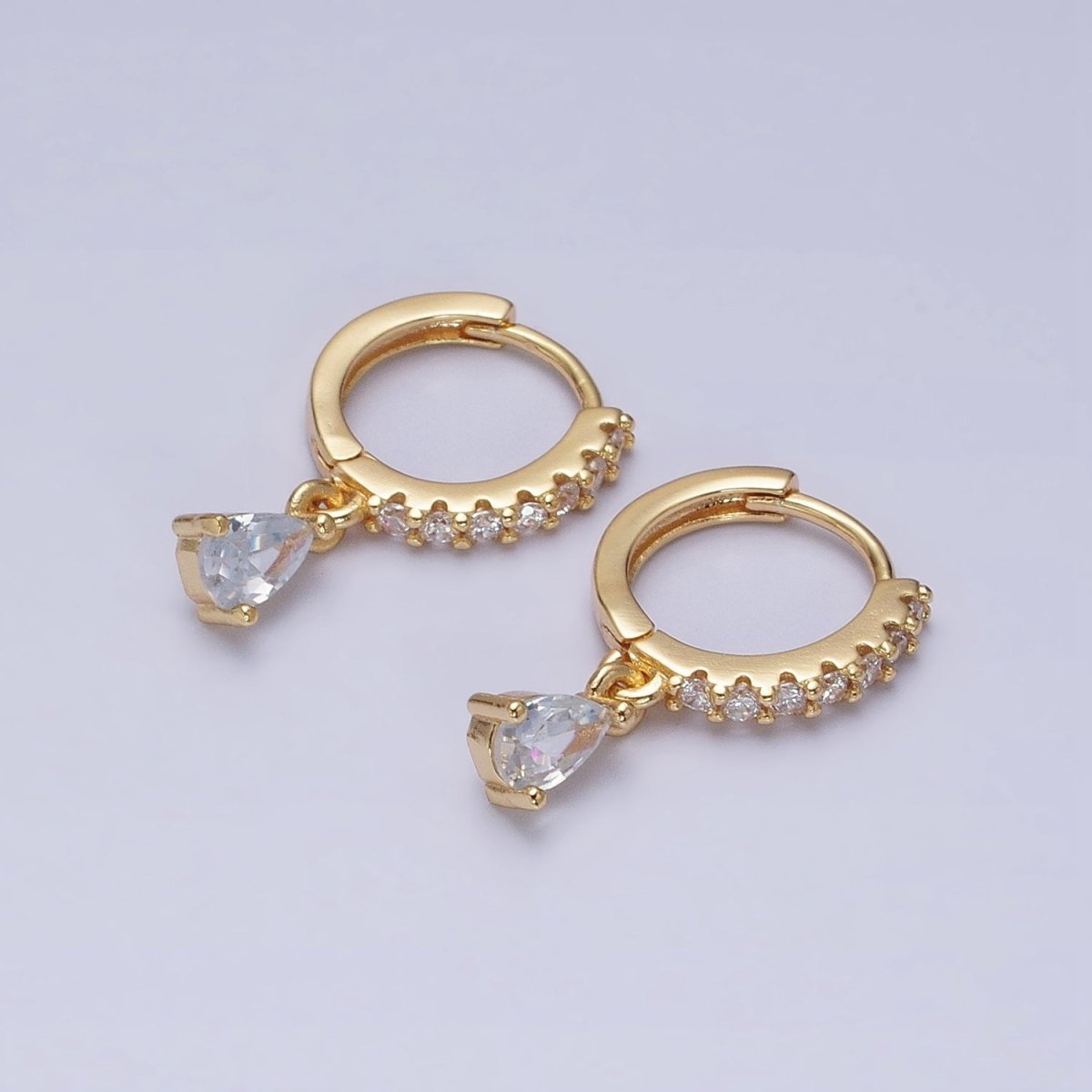 16K Gold Filled Clear CZ Teardrop Micro Paved Huggie Earrings in Gold & Silver | AD816 AD817 - DLUXCA