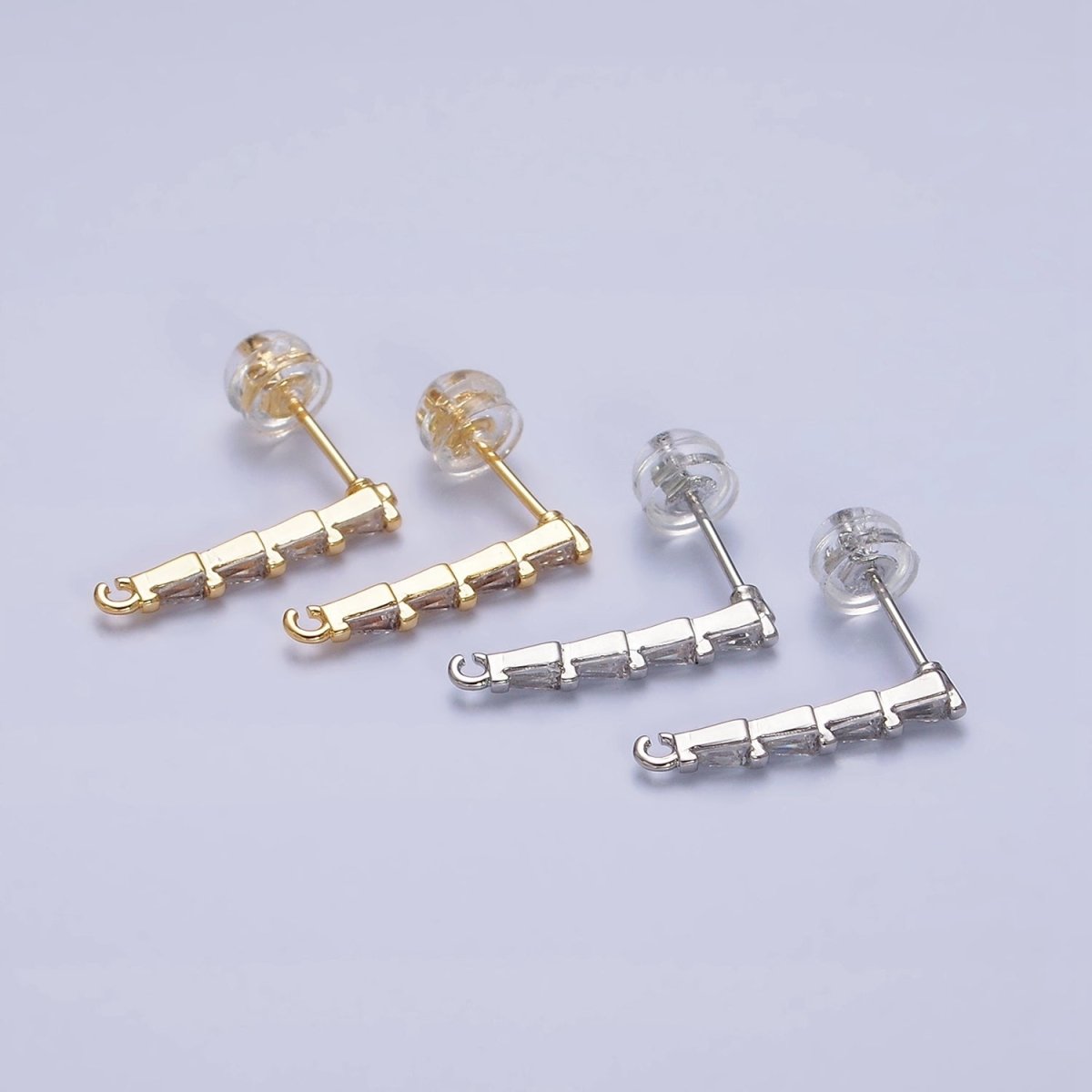 16K Gold Filled Clear CZ Triangle Baguette Linear Drop Open Loop Stud Earrings Supply in Gold & Silver | Z-421 Z-422 - DLUXCA