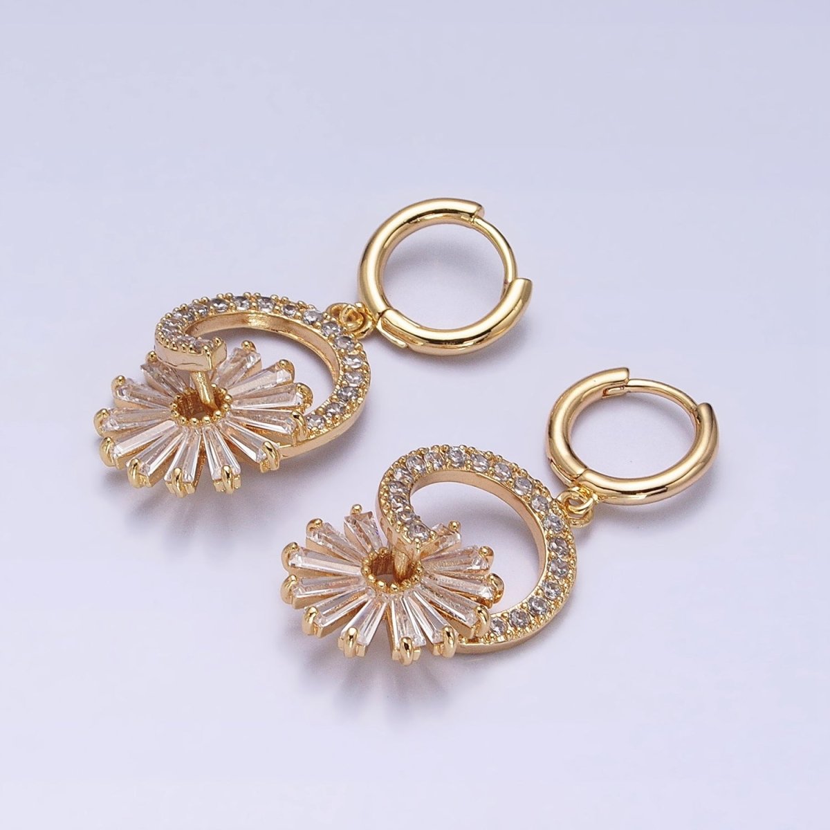 16K Gold Filled Clear Flower Baguette Circular Drop Huggie Earrings | AD820 - DLUXCA