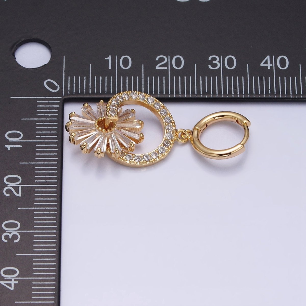 16K Gold Filled Clear Flower Baguette Circular Drop Huggie Earrings | AD820 - DLUXCA