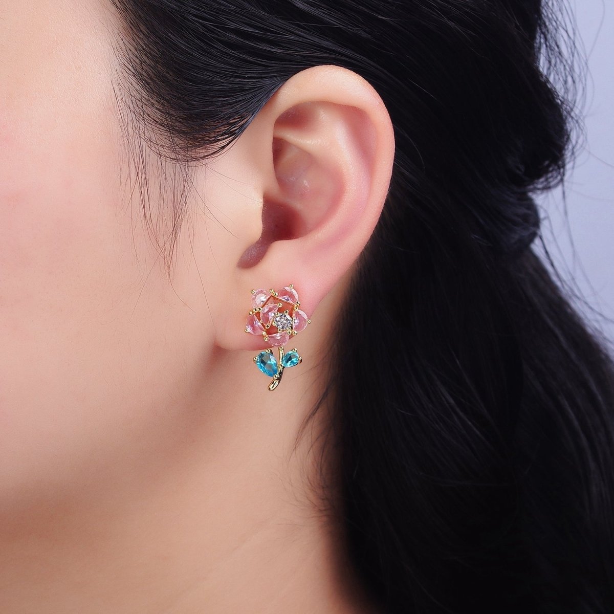16K Gold Filled Clear, Fuchsia, Pink CZ Flower Leaf Multicolor Stud Earrings in Gold & Silver | AD1018 - AD1023 - DLUXCA