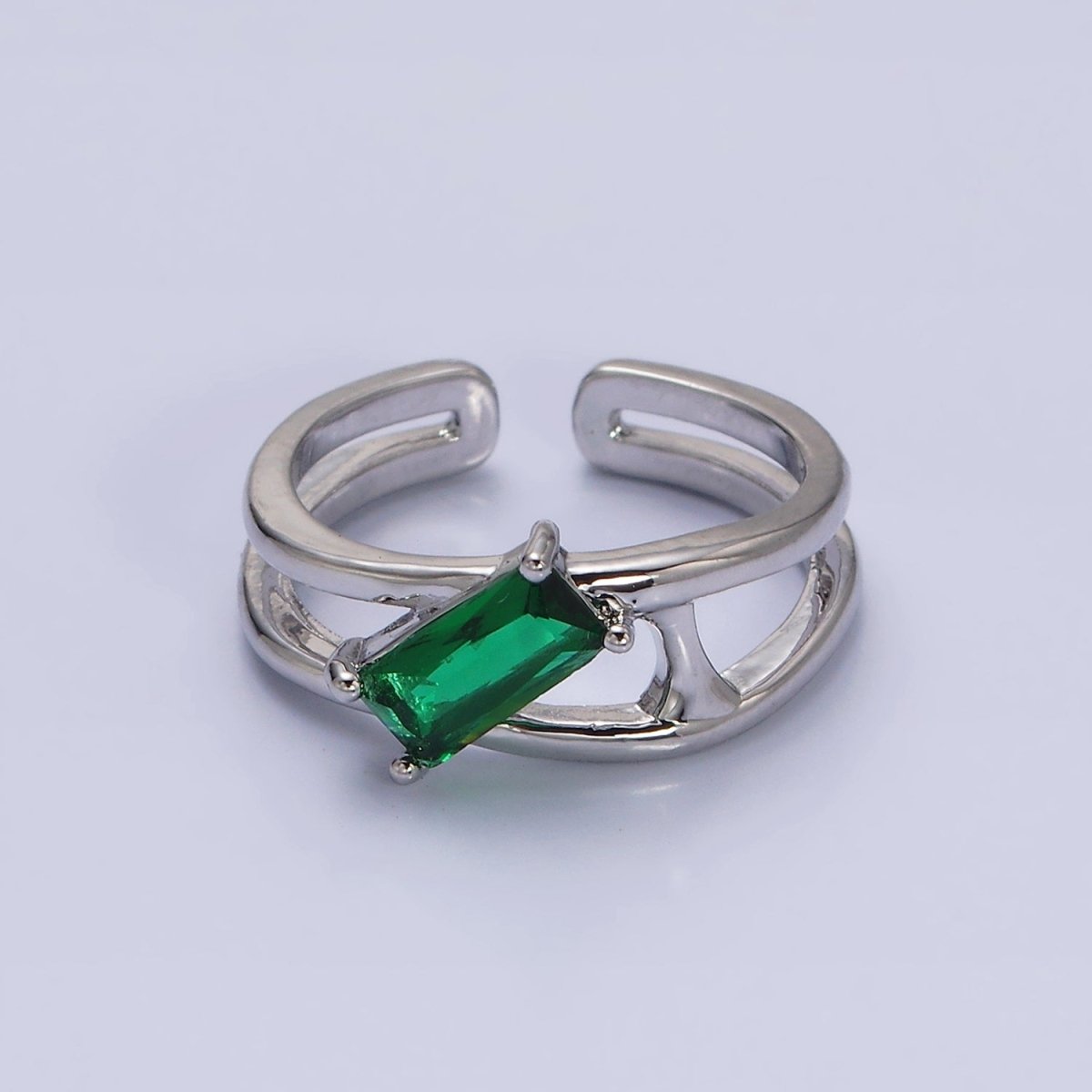 16K Gold Filled Clear, Green Baguette Molten Double Band Ring in Gold & Silver | O-1621 O-1622 O-1623 O-1624 - DLUXCA