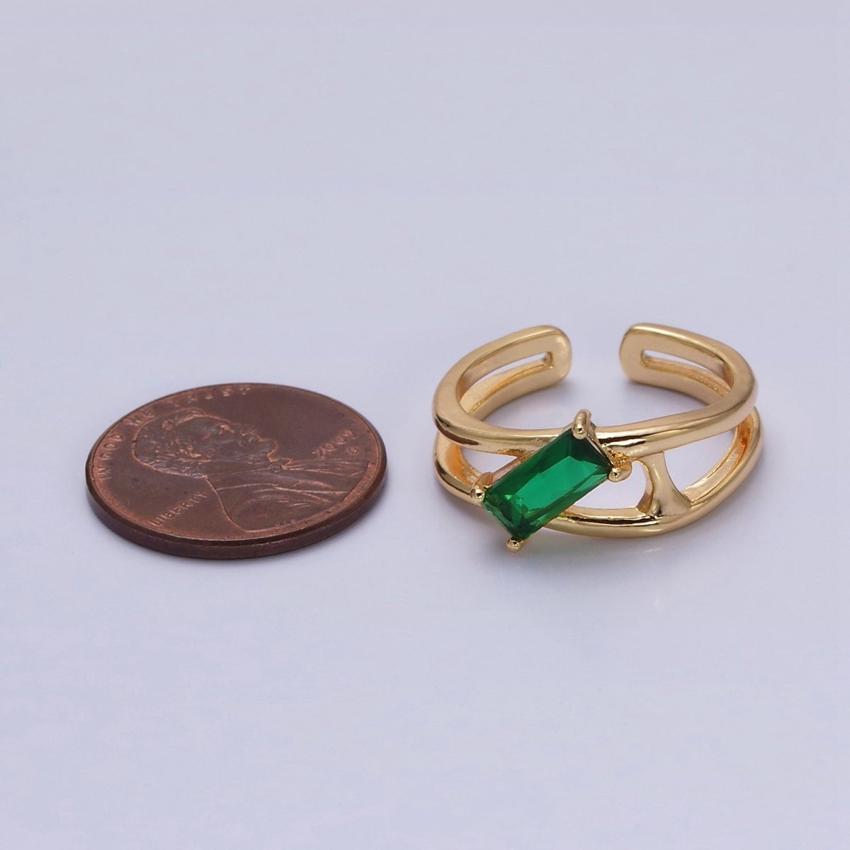 16K Gold Filled Clear, Green Baguette Molten Double Band Ring in Gold & Silver | O-1621 O-1622 O-1623 O-1624 - DLUXCA