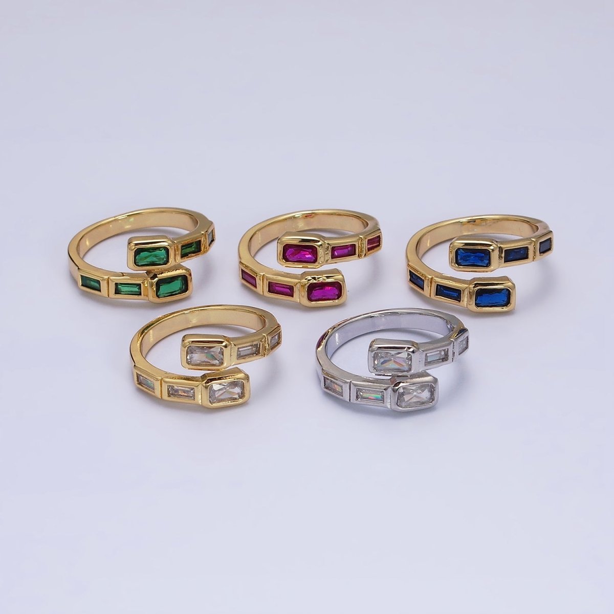16K Gold Filled Clear, Green, Blue, Fuchsia Baguette Lined Open Ring | O-549 ~ O-553 - DLUXCA