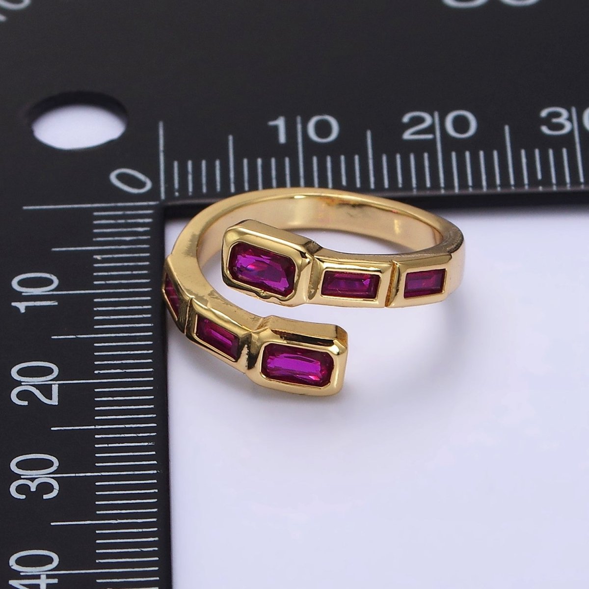16K Gold Filled Clear, Green, Blue, Fuchsia Baguette Lined Open Ring | O-549 ~ O-553 - DLUXCA