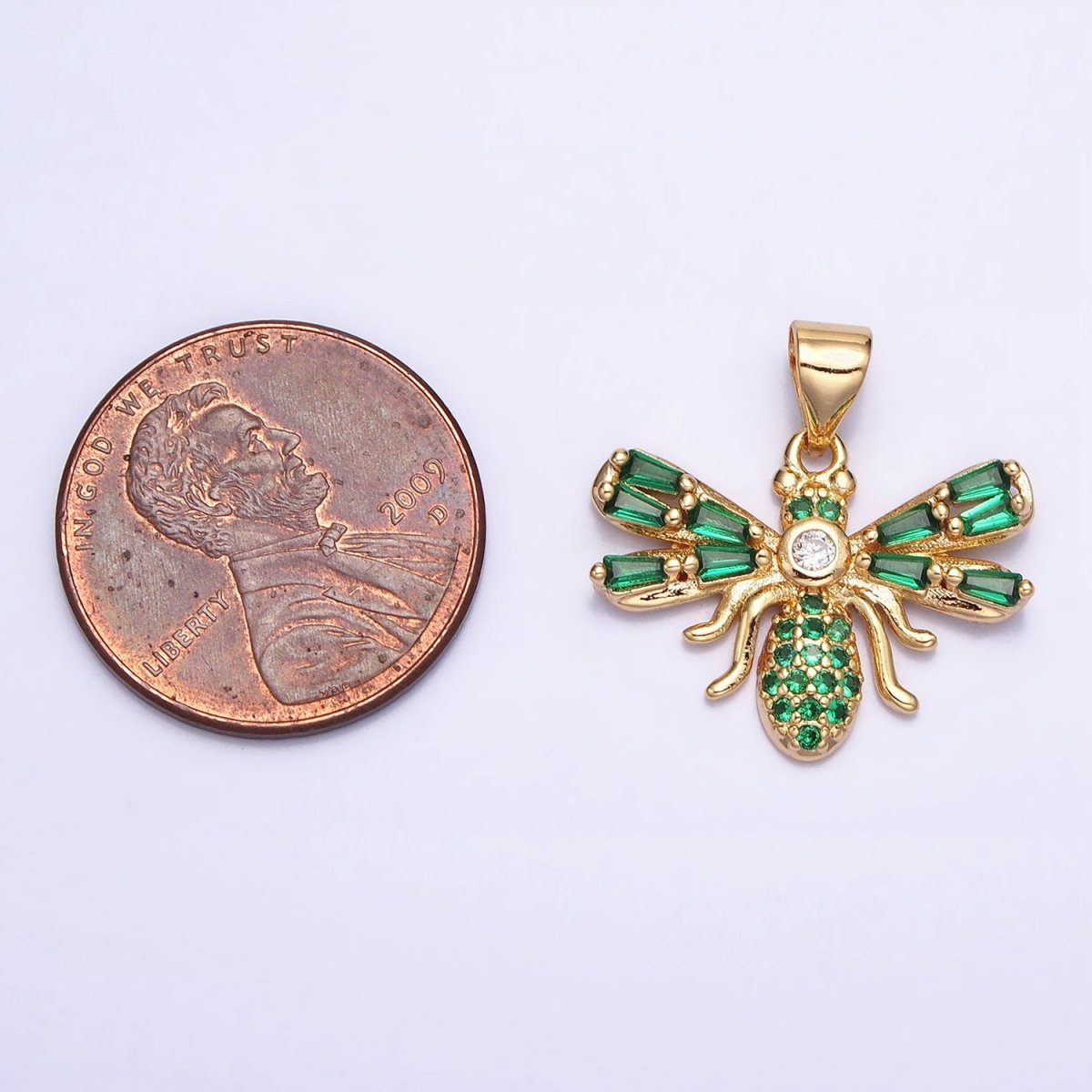 16K Gold Filled Clear, Green Micro Paved CZ Baguette Insect Fly Pendant in Gold & Silver | AA382 - AA385 - DLUXCA