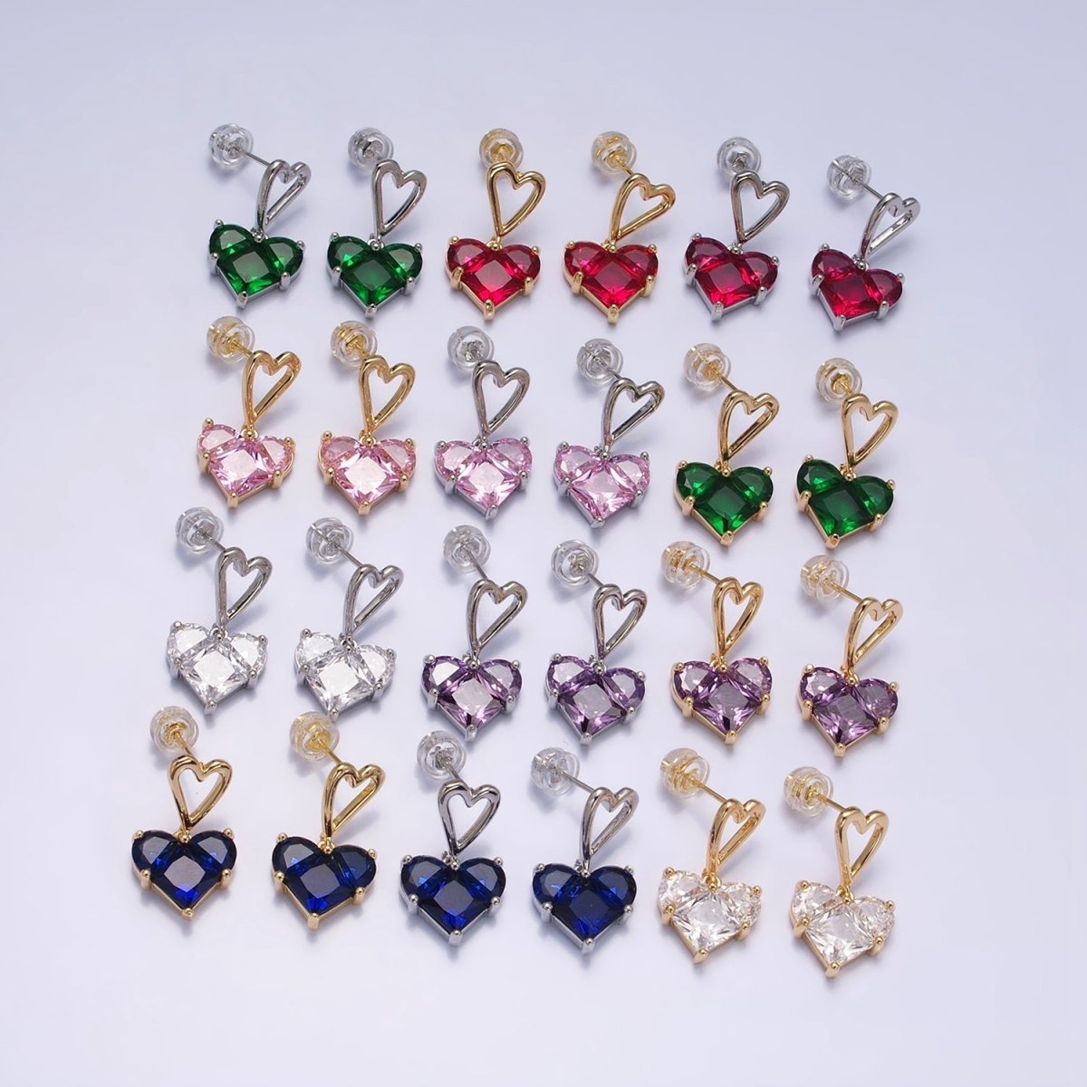 16K Gold Filled Clear, Green, Pink, Blue, Purple, Red CZ Pixel Heart Drop Stud Earrings in Gold & Silver | AD1492 - AD1503 - DLUXCA