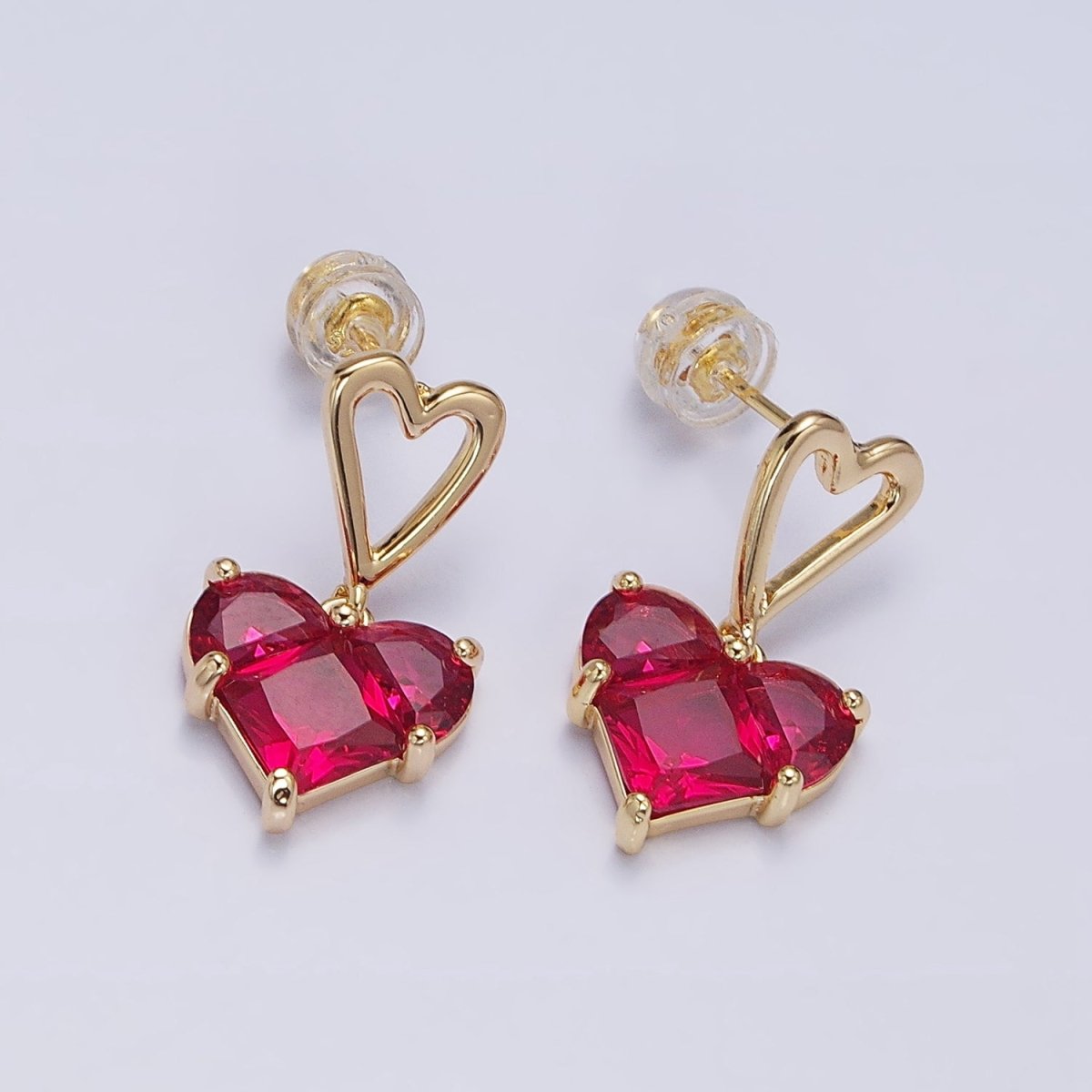 16K Gold Filled Clear, Green, Pink, Blue, Purple, Red CZ Pixel Heart Drop Stud Earrings in Gold & Silver | AD1492 - AD1503 - DLUXCA