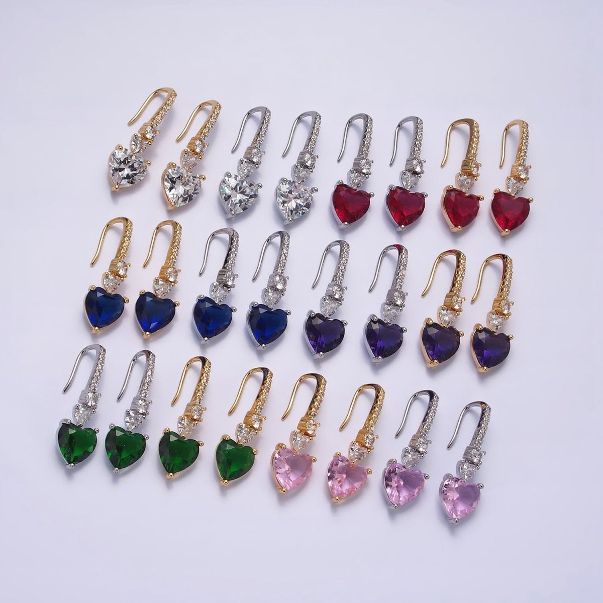 16K Gold Filled Clear, Green, Pink, Red, Blue, Purple CZ Heart Drop Micro Paved French Hook Earrings in Gold & Silver | AD1040 - AD1051 - DLUXCA