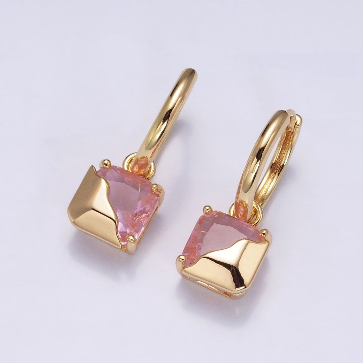 16K Gold Filled Clear, Green, Pink, Red, Blue, Purple CZ Square Molten Drop Huggie Earrings in Gold & Silver | AD1480 - AD1491 - DLUXCA