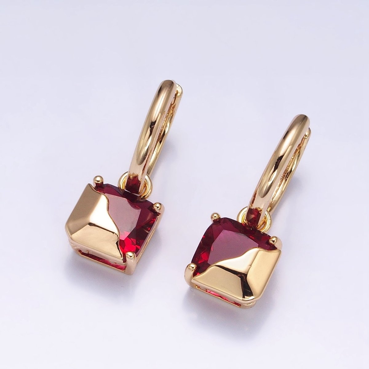 16K Gold Filled Clear, Green, Pink, Red, Blue, Purple CZ Square Molten Drop Huggie Earrings in Gold & Silver | AD1480 - AD1491 - DLUXCA