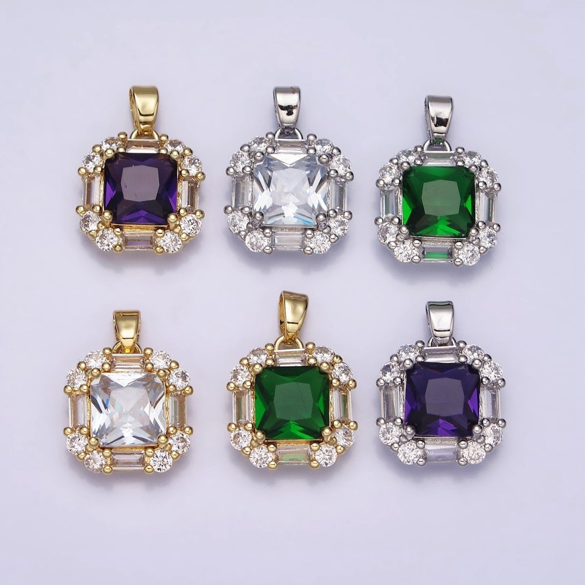 16K Gold Filled Clear, Green, Purple CZ Square Baguette Pendant in Gold & Silver | AA487 - AA492 - DLUXCA