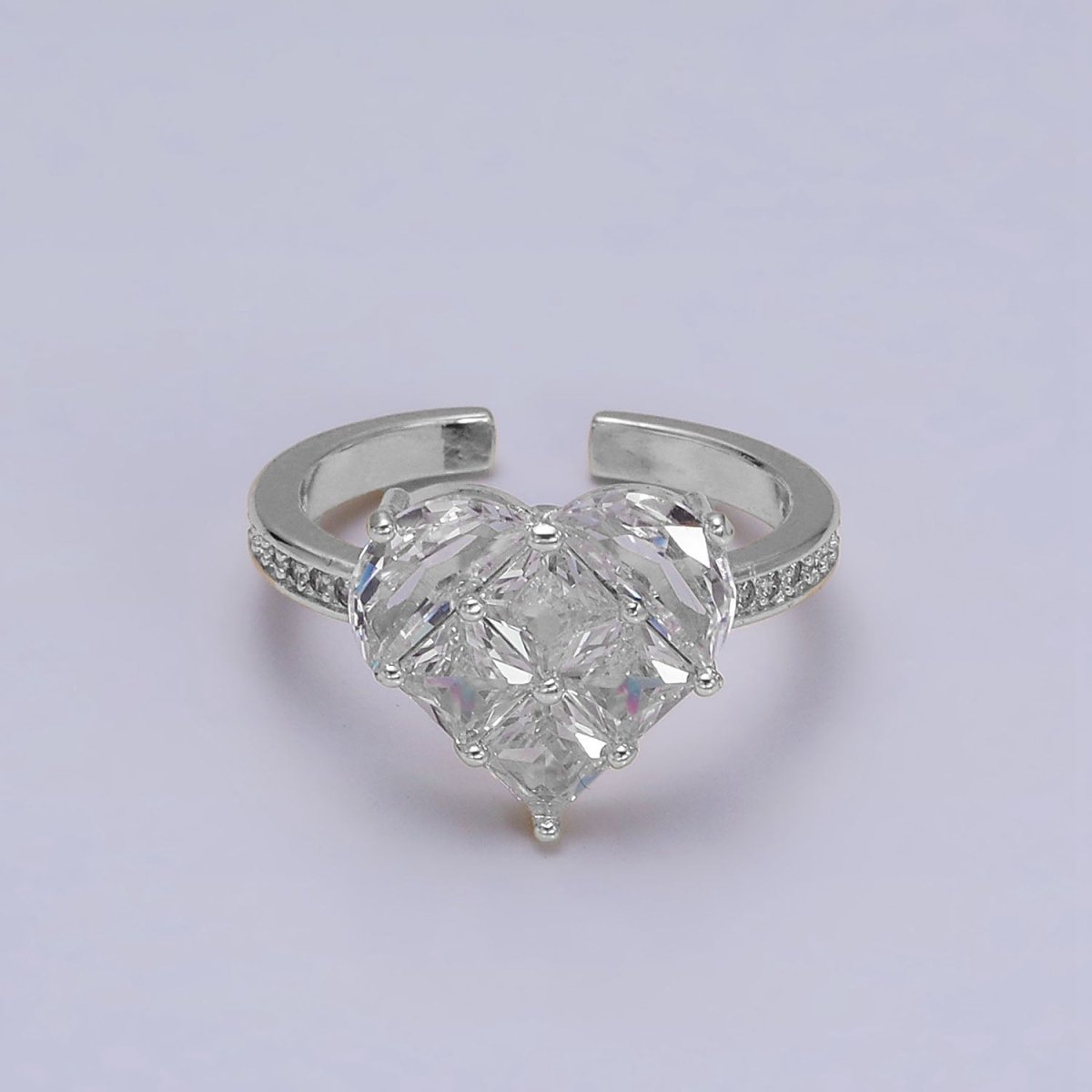 16K Gold Filled Clear Heart CZ Micro Paved Adjustable Ring in Gold & Silver | O-1597 O-1598 - DLUXCA