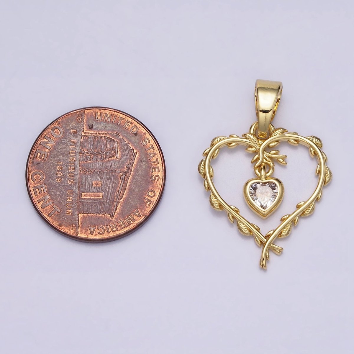 16K Gold Filled Clear Heart CZ Olive Vine Leaf Open Pendant | AC1326 - DLUXCA