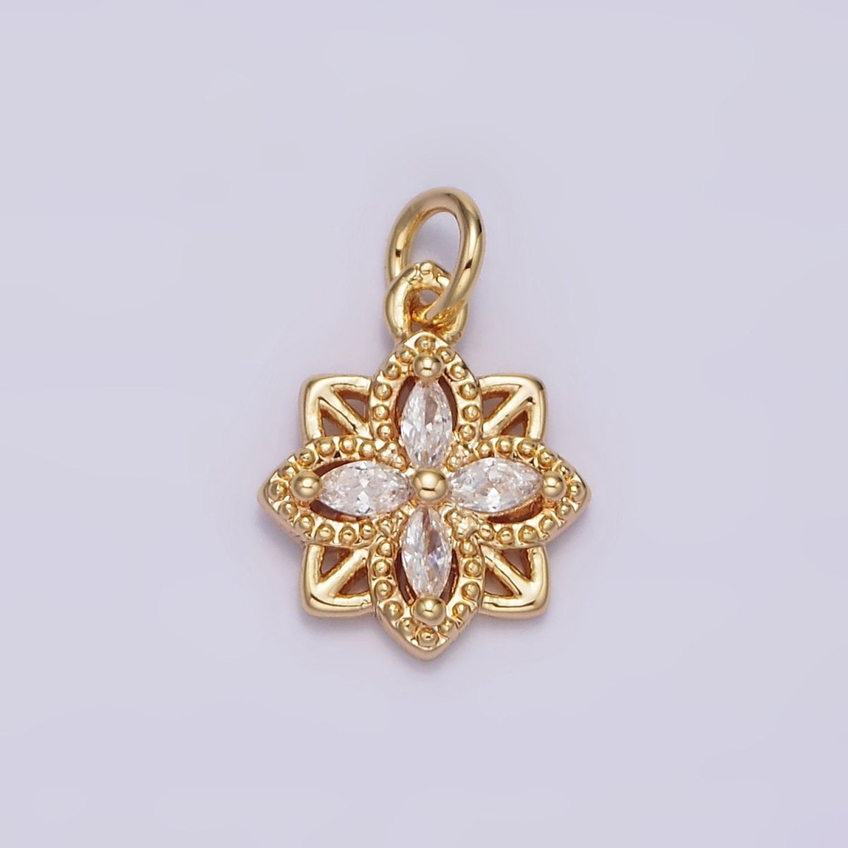 16K Gold Filled Clear Marquise CZ Beaded Flower Open Square Charm | N996 - DLUXCA