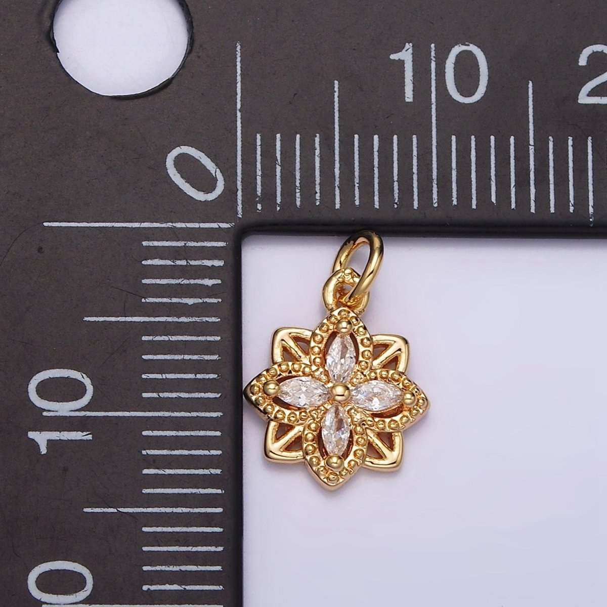 16K Gold Filled Clear Marquise CZ Beaded Flower Open Square Charm | N996 - DLUXCA