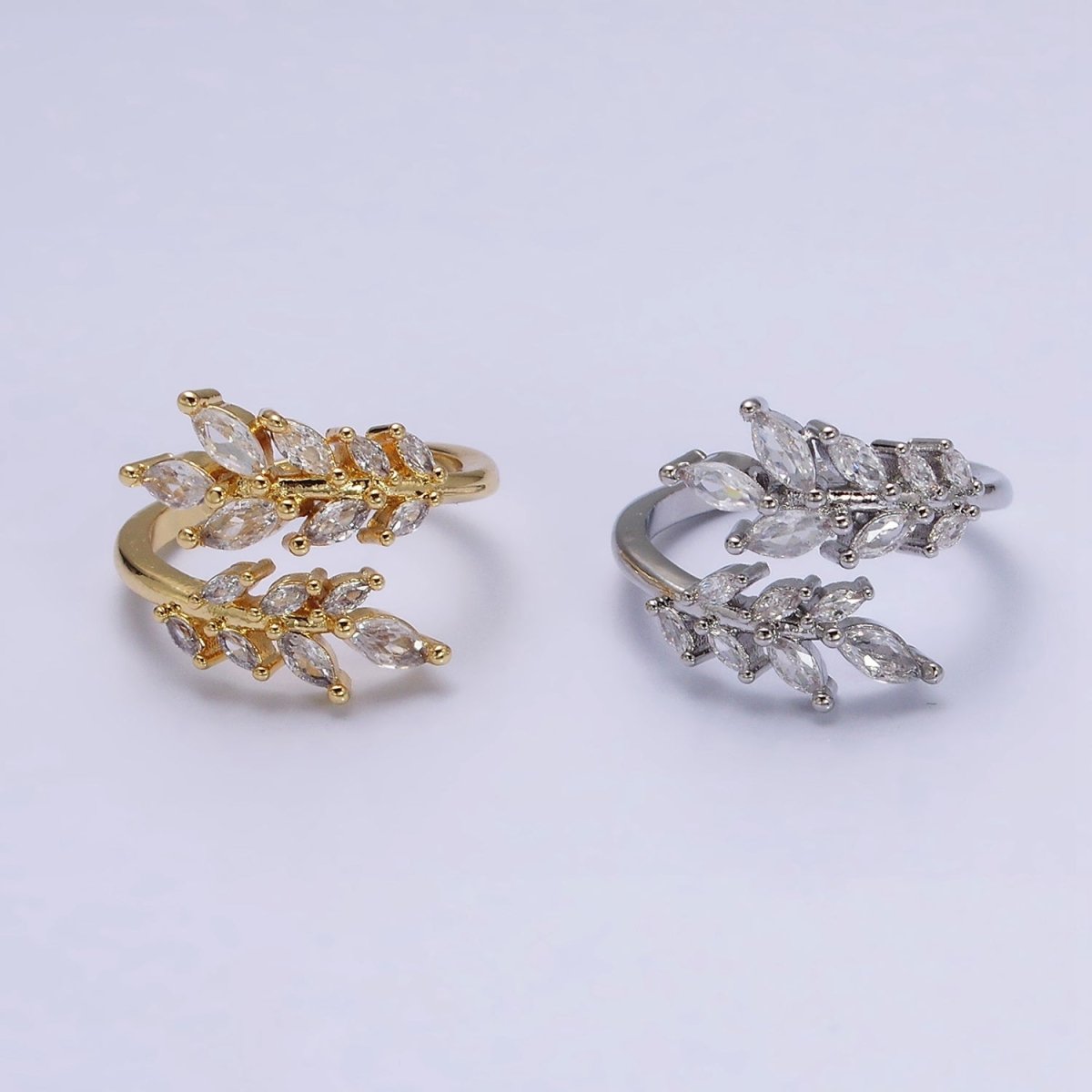 16K Gold Filled Clear Marquise CZ Leaf Nature Open Adjustable Ring in Gold & Silver | O-1577 O-1578 - DLUXCA