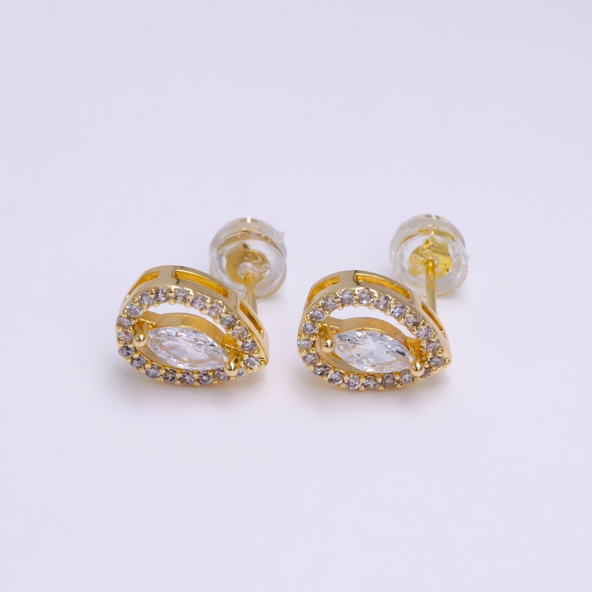 16K Gold Filled Clear Marquise Micro Paved CZ Teardrop Open Stud Earrings in Gold & Silver | AE785 AE786 - DLUXCA