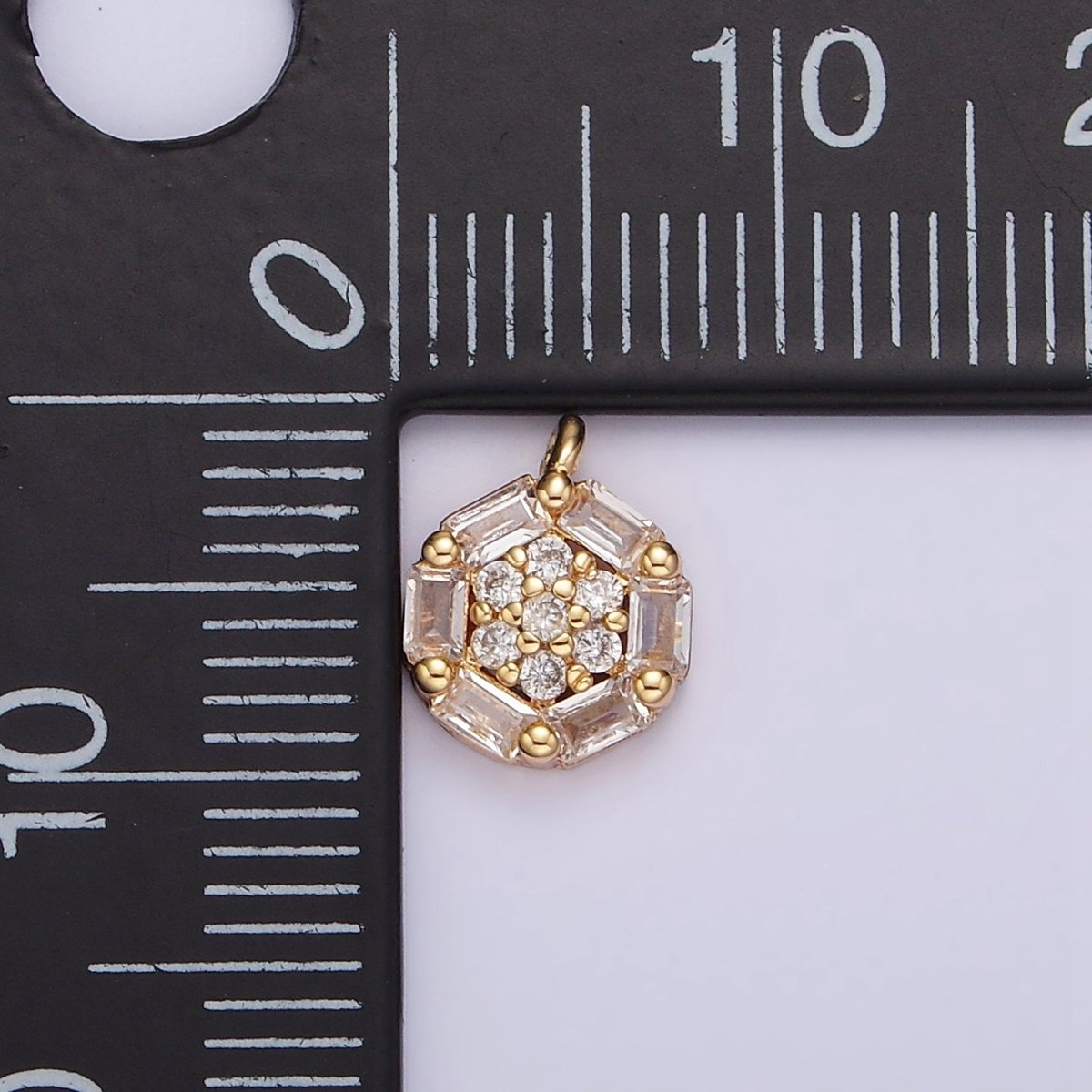 16K Gold Filled Clear Micro Paved CZ Baguette Lined Round Mini Charm | N1750 - DLUXCA