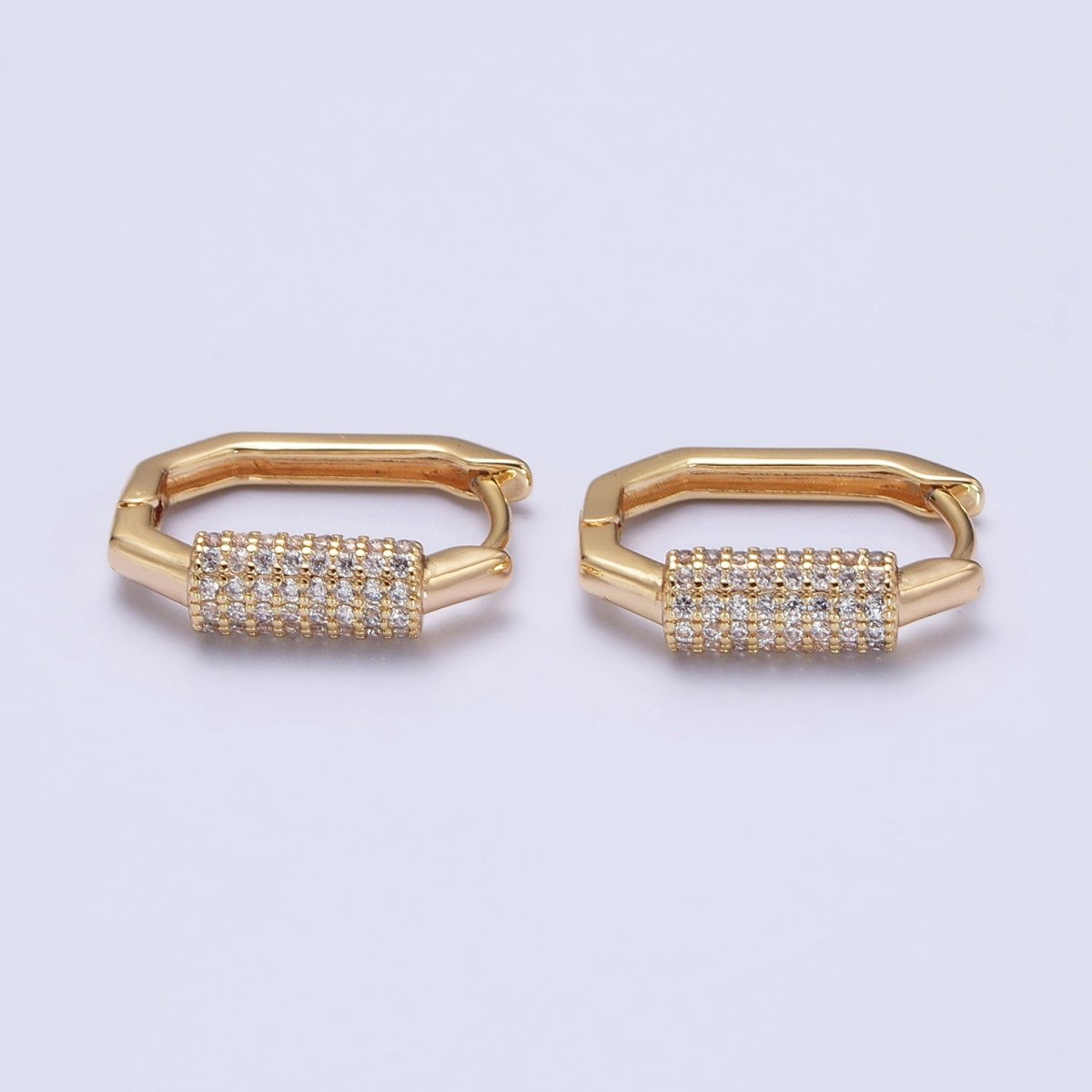 16K Gold Filled Clear Micro Paved CZ Cylinder Hexagonal Hoop Earrings in Gold & Silver | AB395 AB396 - DLUXCA