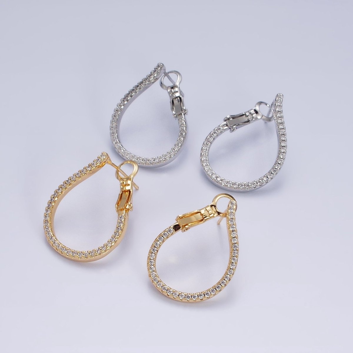16K Gold Filled Clear Micro Paved CZ Front-Facing Hinge Hoop Earrings in Gold & Silver | AD1100 AD1101 - DLUXCA