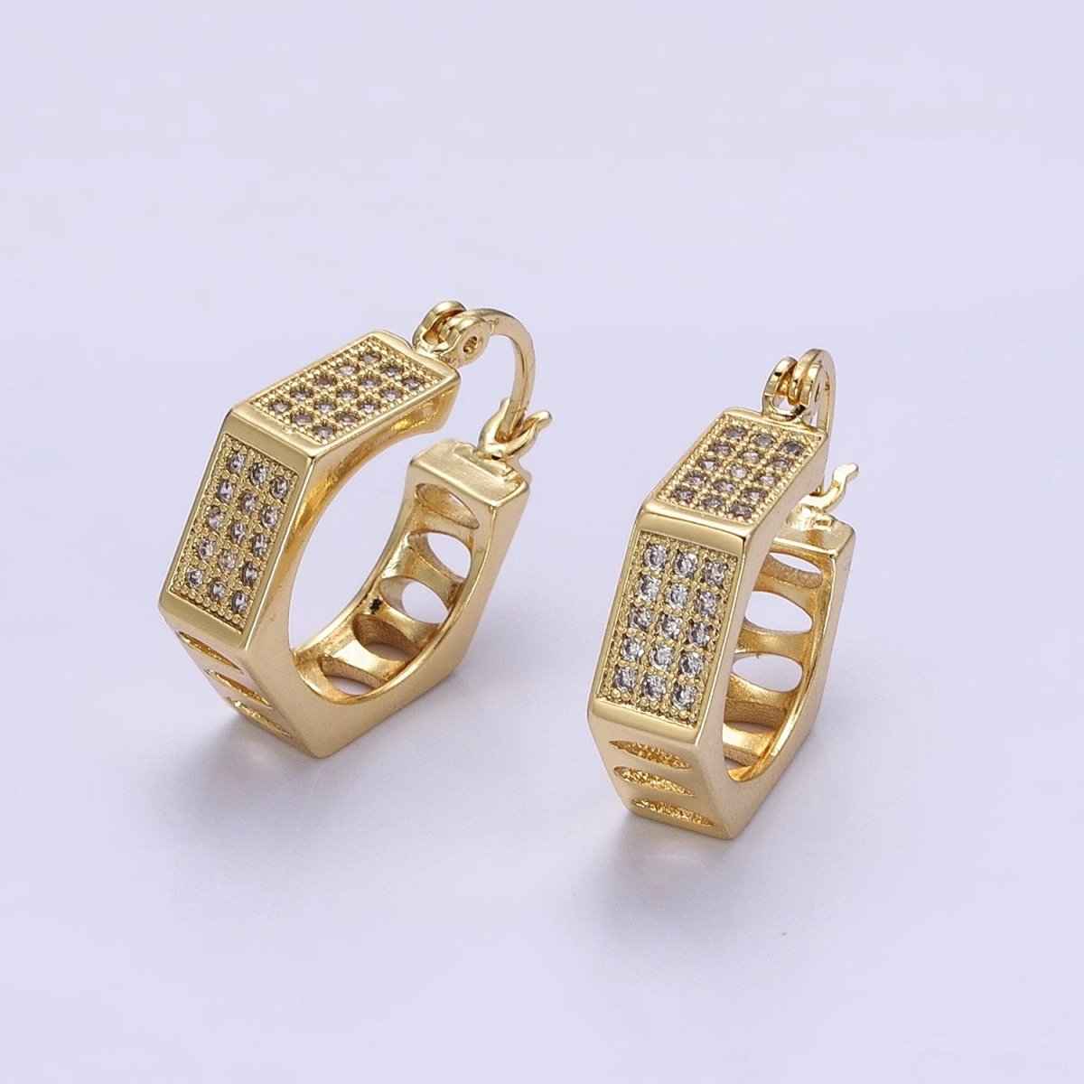 16K Gold Filled Clear Micro Paved CZ Hexagonal French Lock Latch Earrings | AB1530 - DLUXCA