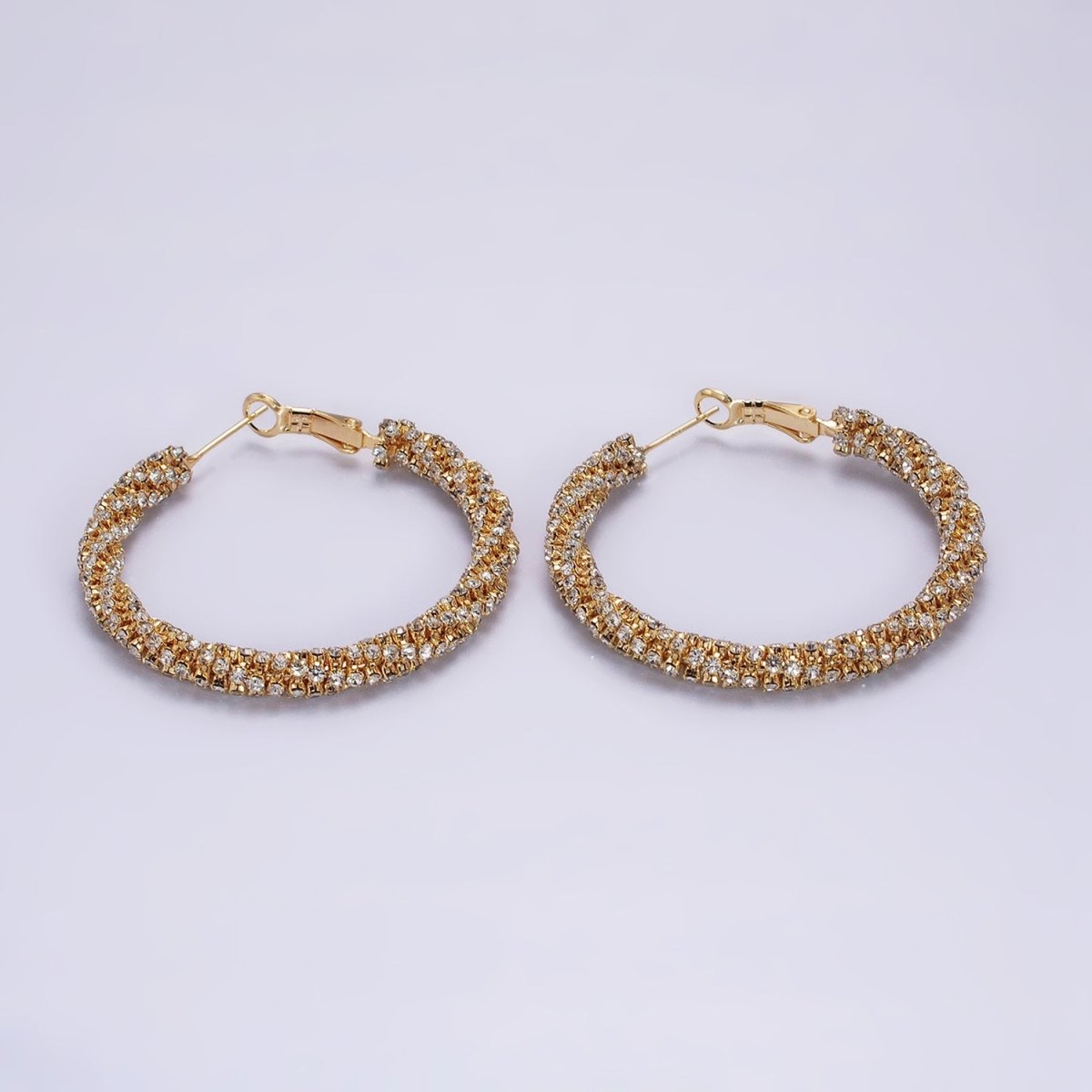 16K Gold Filled Clear Micro Paved CZ Lined 45mm Hinge Hoop Earrings in Gold & Silver | AB1497 AB1498 - DLUXCA