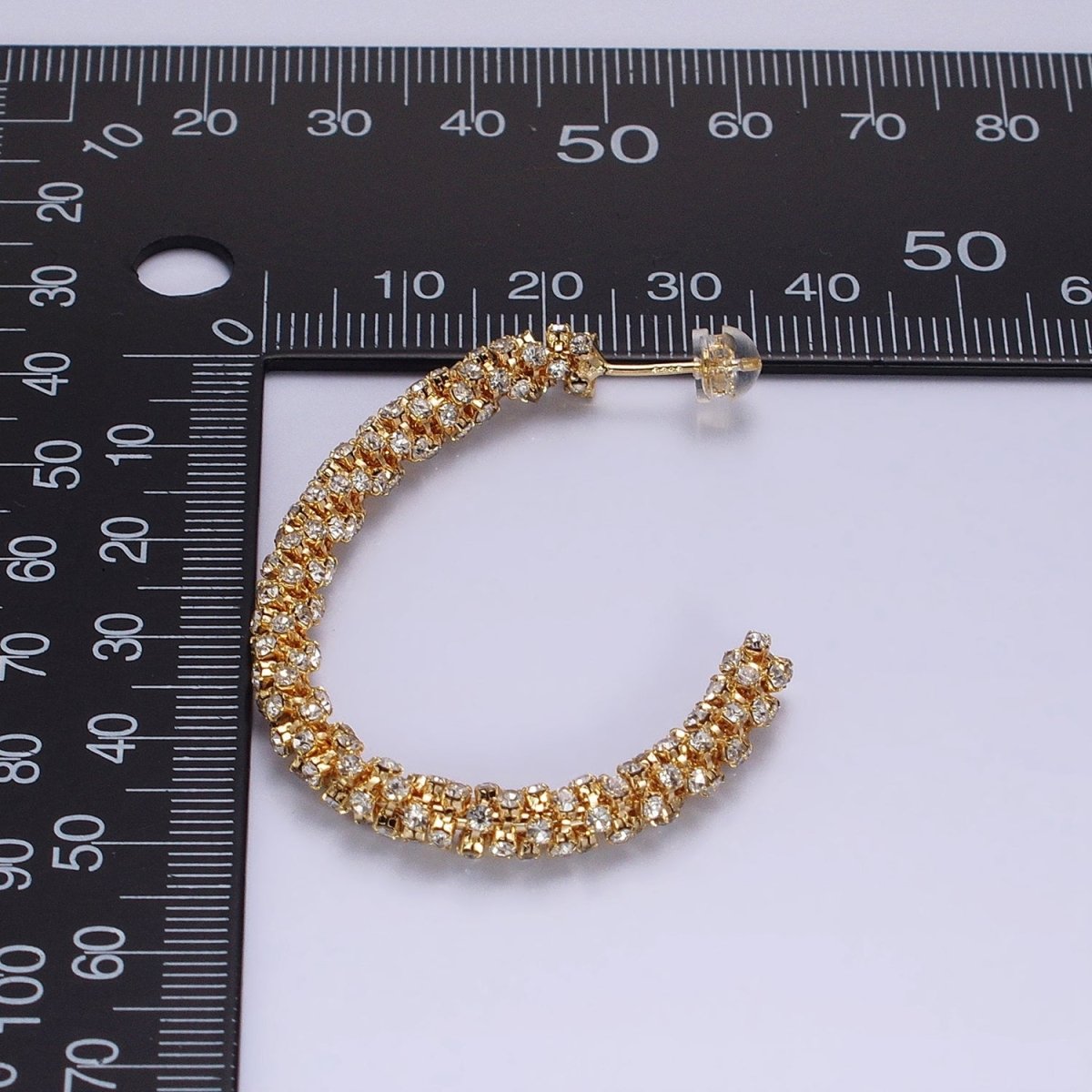 16K Gold Filled Clear Micro Paved CZ Lined 50mm J-Shaped Hoop Earrings in Gold & Silver | AB1499 AB1500 - DLUXCA
