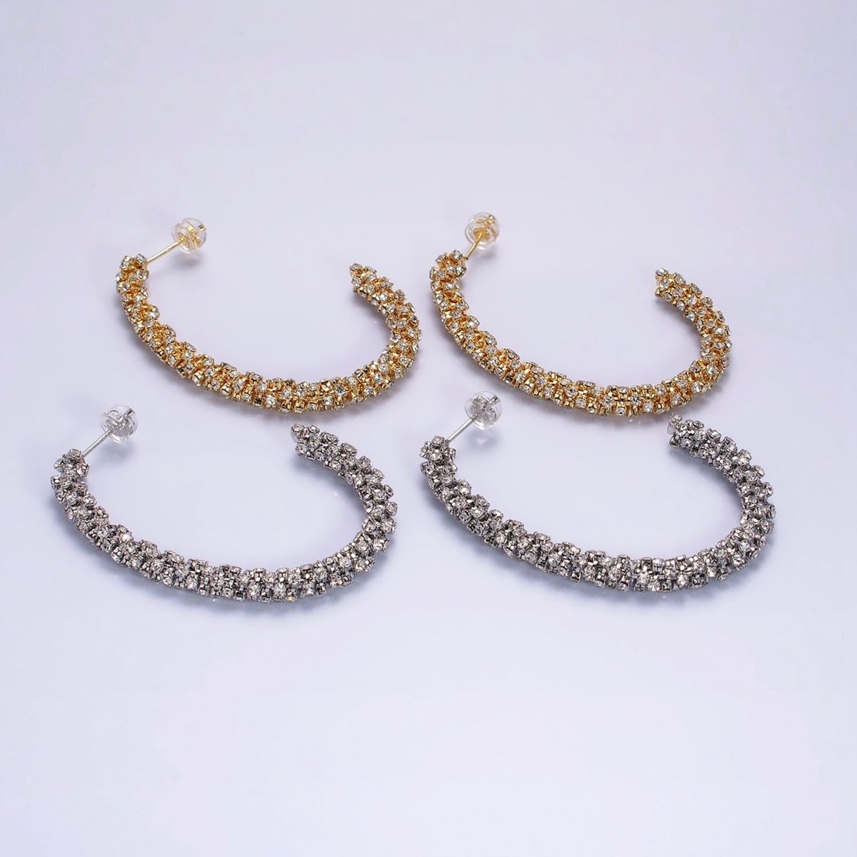 16K Gold Filled Clear Micro Paved CZ Lined 50mm J-Shaped Hoop Earrings in Gold & Silver | AB1499 AB1500 - DLUXCA