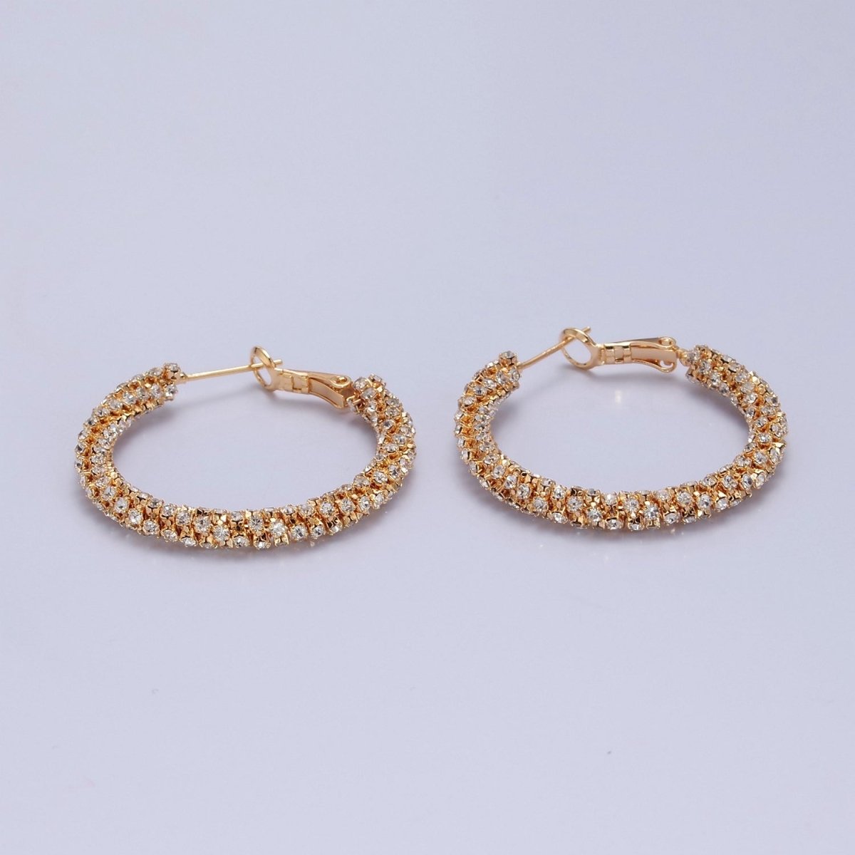 16K Gold Filled Clear Micro Paved CZ Lined Latch Hoop Earrings | T-435 - DLUXCA