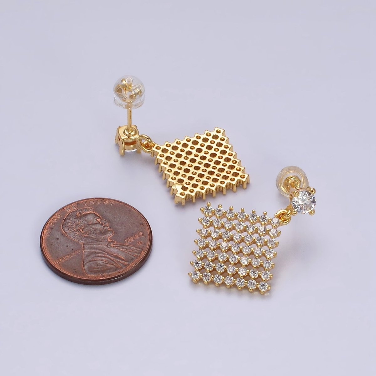 16K Gold Filled Clear Micro Paved CZ Rhombus Drop Stud Earrings | Y-875 - DLUXCA