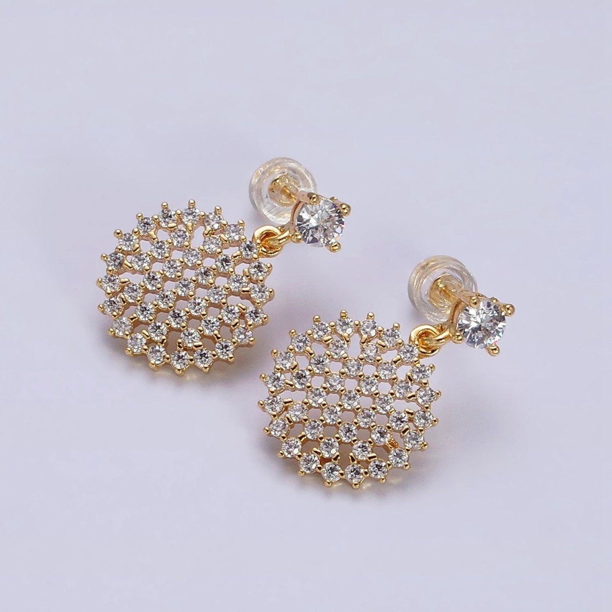 16K Gold Filled Clear Micro Paved CZ Round Drop Stud Earrings | Y-873 - DLUXCA
