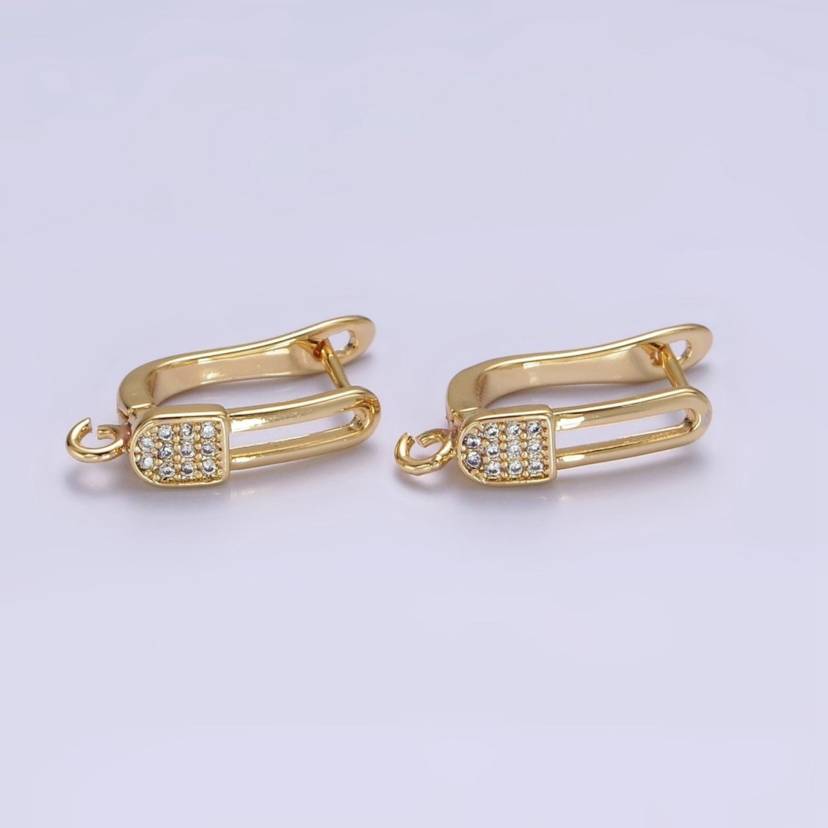 16K Gold Filled Clear Micro Paved CZ Safety Pin Oblong Open Loop English Lock Earrings | Z-467 - DLUXCA