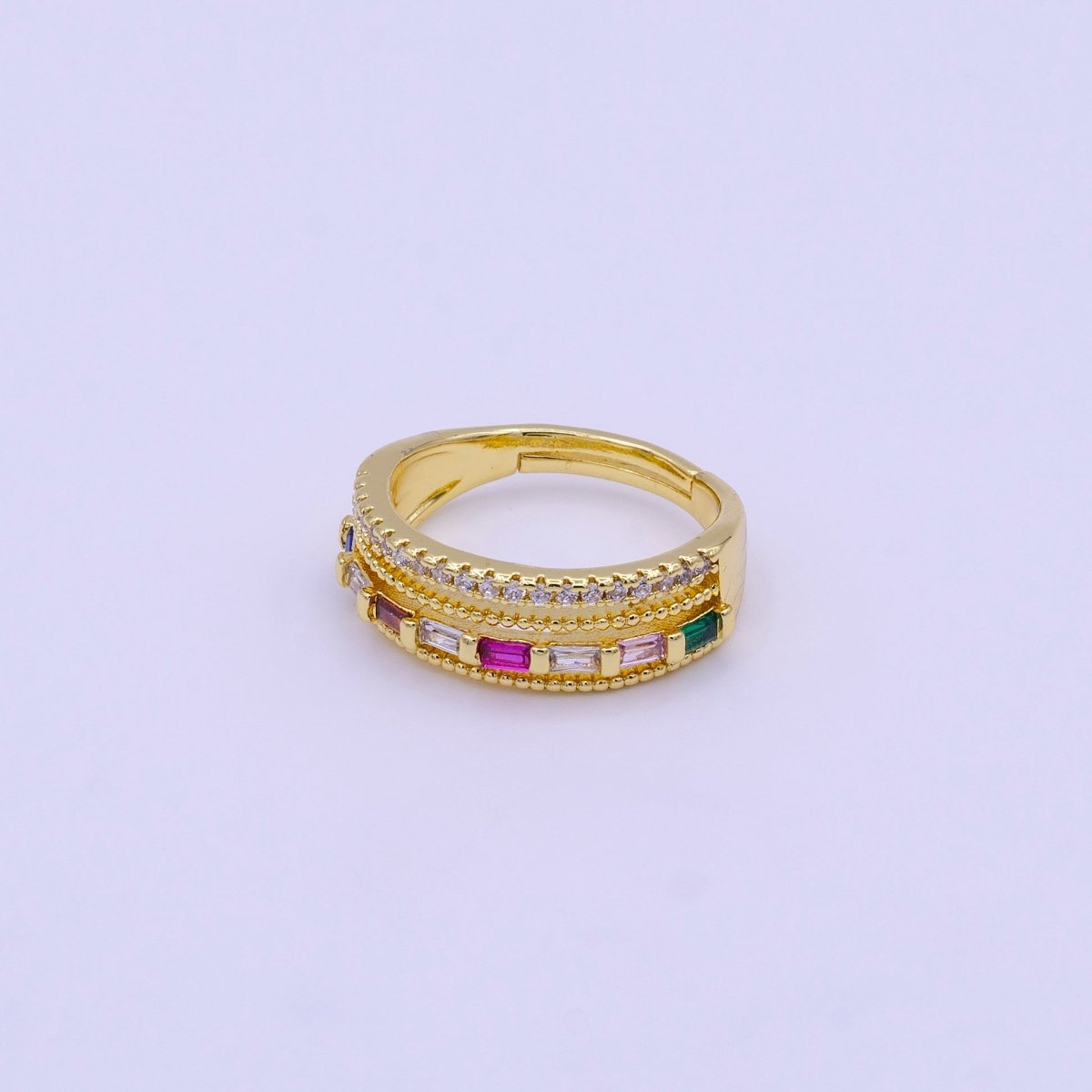 16K Gold Filled Clear, Multicolor Baguette Beaded Micro Paved CZ Adjustable Ring | O-1567 O-1568 - DLUXCA