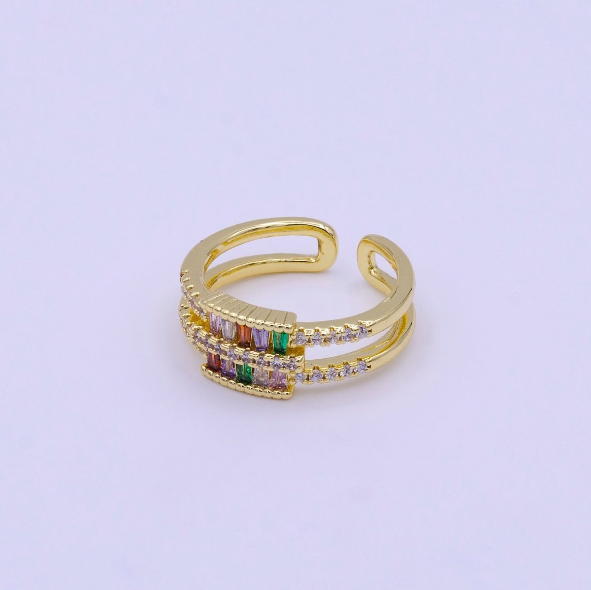 16K Gold Filled Clear, Multicolor Baguette Micro Paved CZ Double Band Ring | O1569 O1570 - DLUXCA