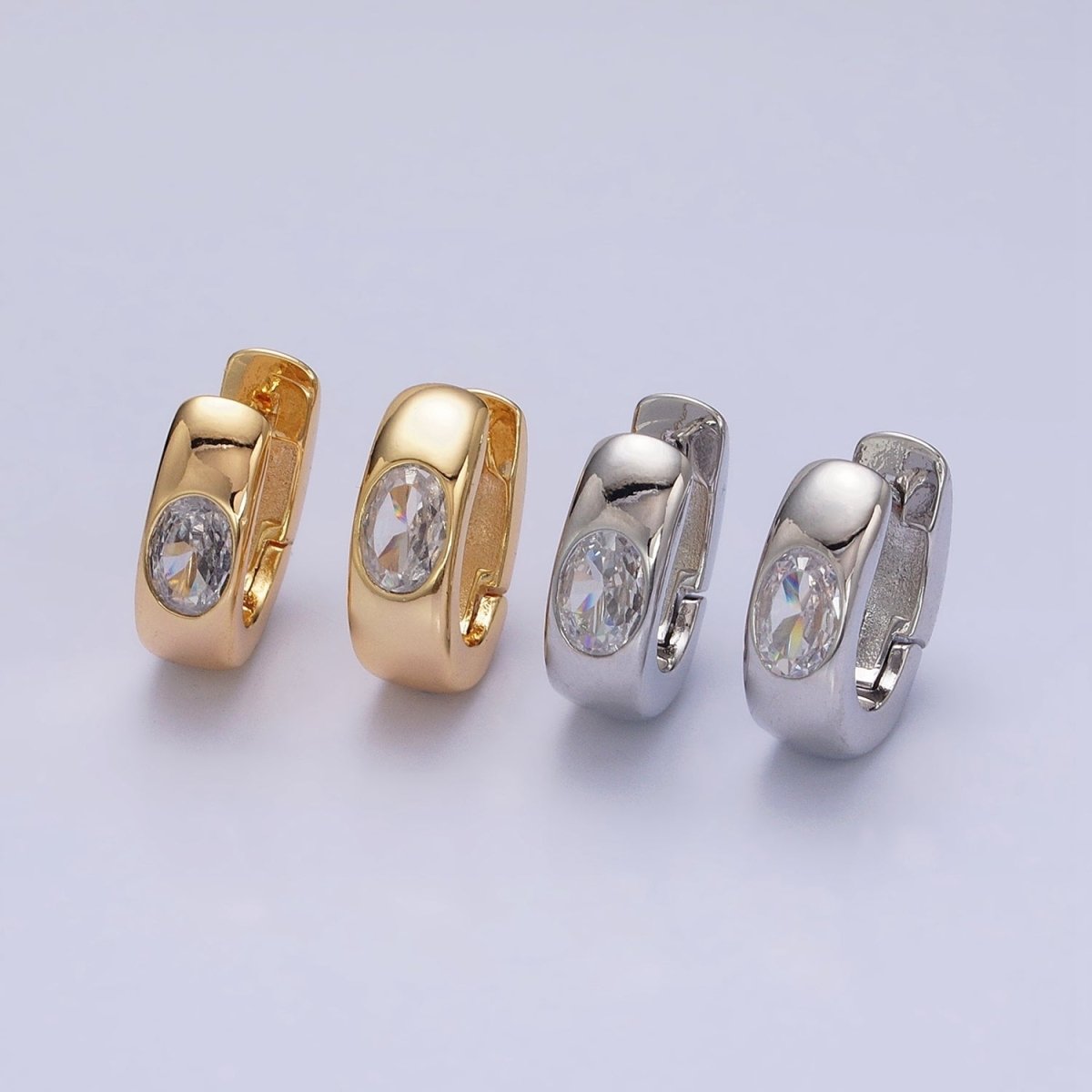 16K Gold Filled Clear Oval CZ 15mm Thick Huggie Earrings in Gold & Silver | AD891 AD892 - DLUXCA