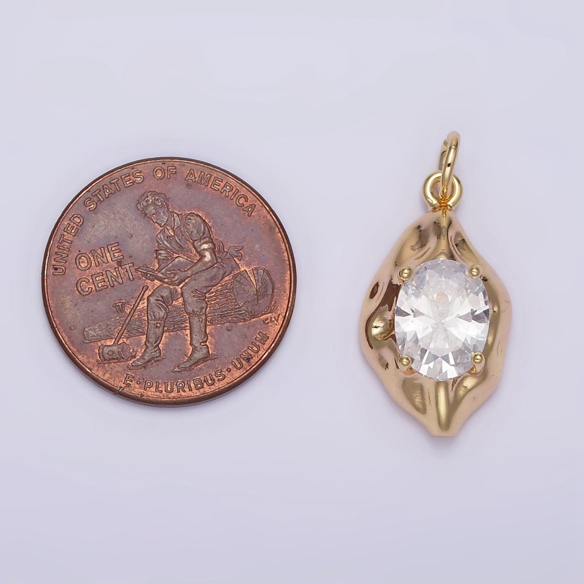 16K Gold Filled Clear Oval CZ Hammered Molten Charm | N940 - DLUXCA