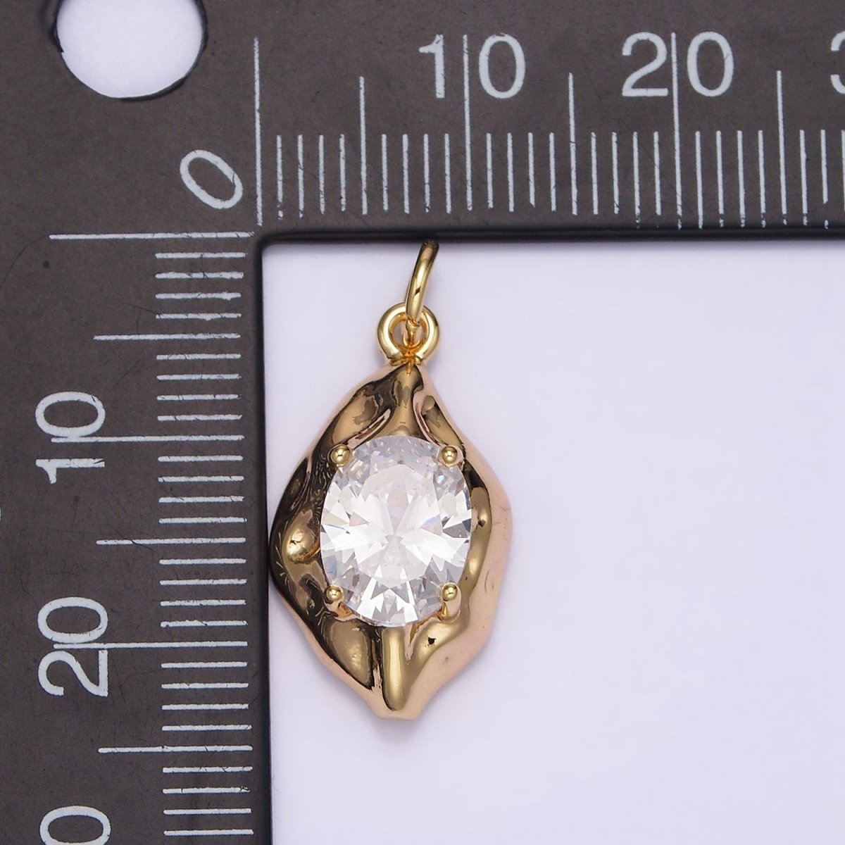 16K Gold Filled Clear Oval CZ Hammered Molten Charm | N940 - DLUXCA