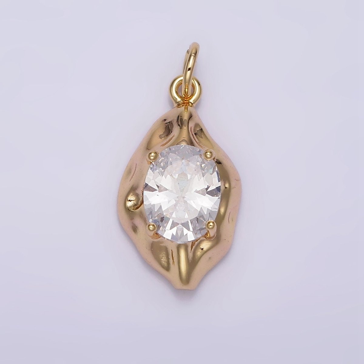 16K Gold Filled Clear Oval CZ Hammered Molten Charm | N940 - DLUXCA