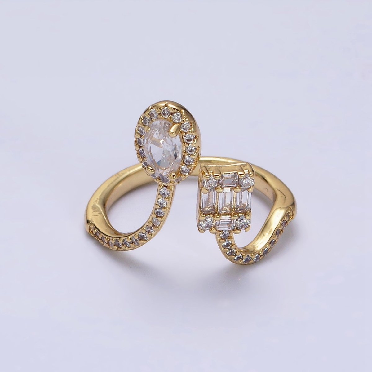 16K Gold Filled Clear Oval Square Baguette Micro Paved CZ Open Ring in Gold & Silver | O-554 O-555 - DLUXCA