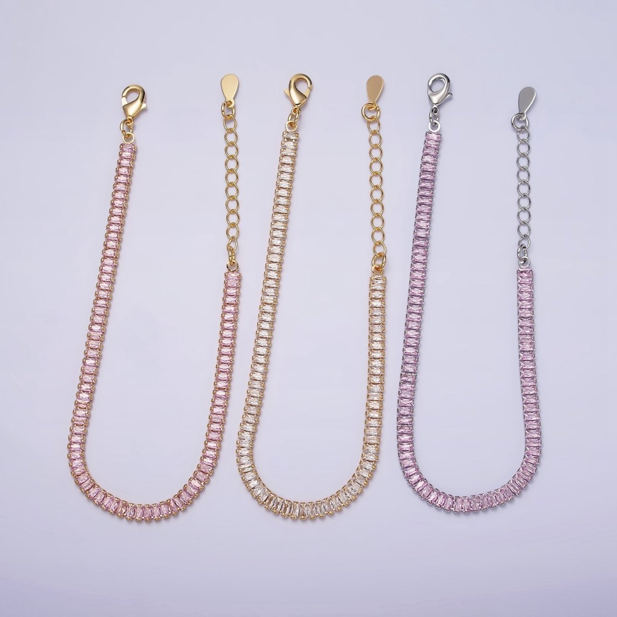 16K Gold Filled Clear, Pink Baguette CZ 3.5mm Tennis Chain 6.5 Inch Bracelet | WA-1820 - WA-1823 Clearance Pricing - DLUXCA