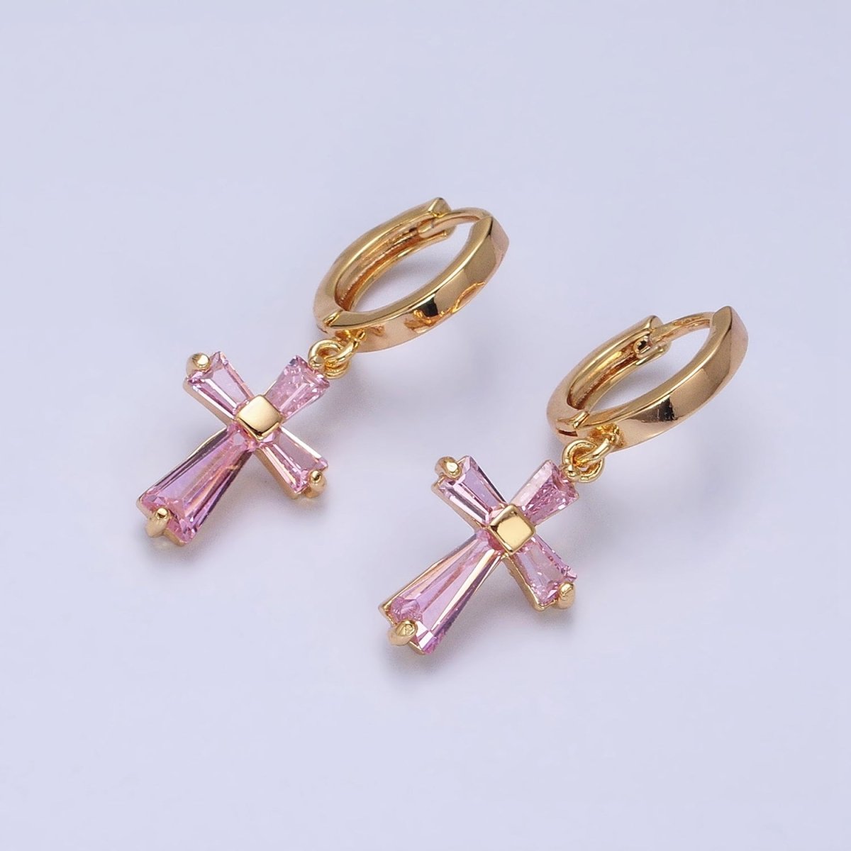 16K Gold Filled Clear, Pink CZ Baguette Religious Latin Cross Drop Huggie Earring in Gold & Silver | AD939 - AD942 - DLUXCA