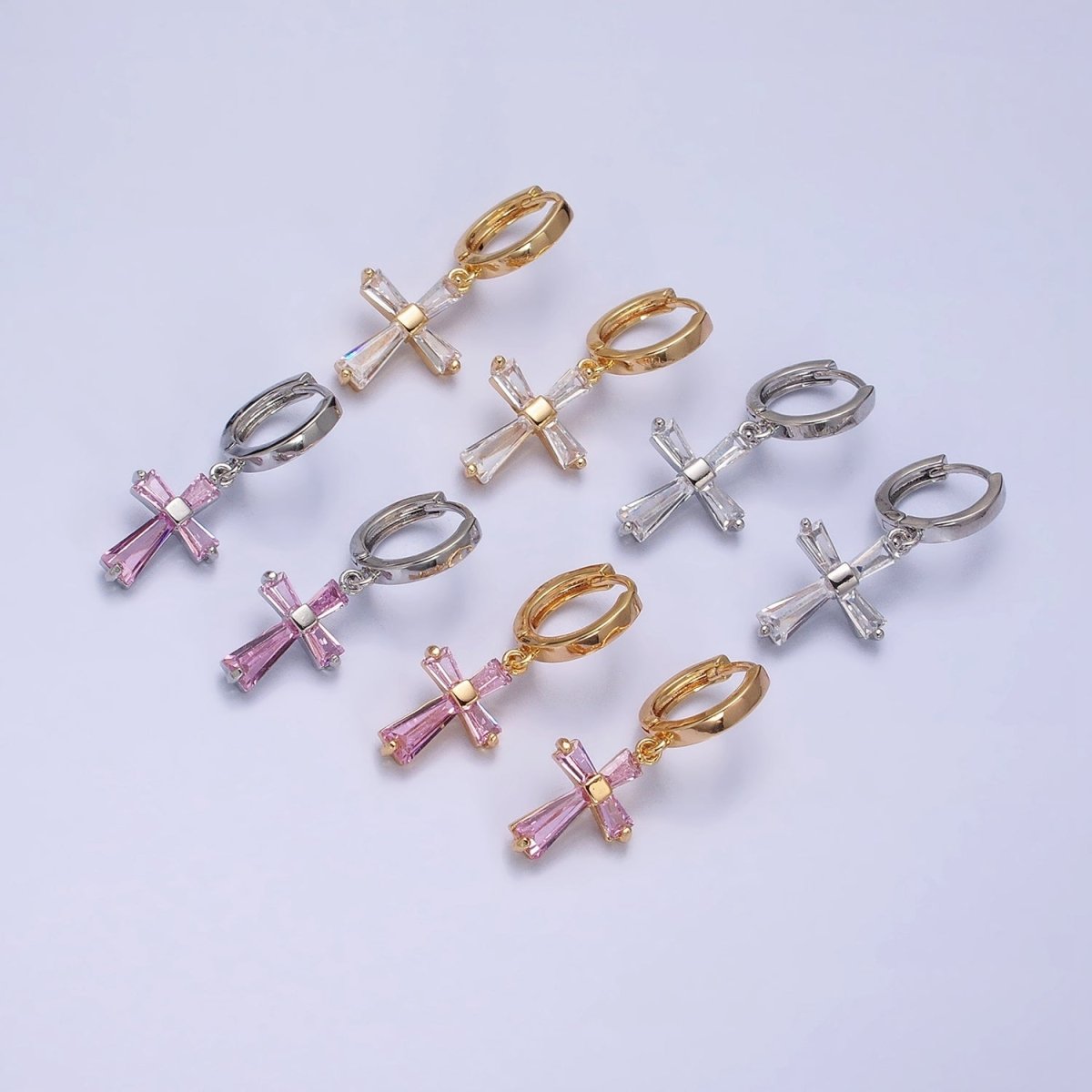 16K Gold Filled Clear, Pink CZ Baguette Religious Latin Cross Drop Huggie Earring in Gold & Silver | AD939 - AD942 - DLUXCA