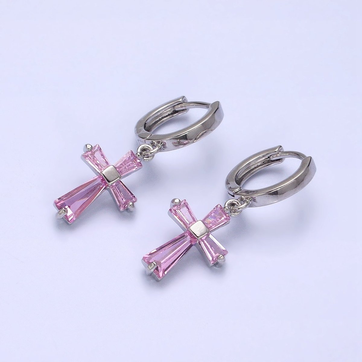 16K Gold Filled Clear, Pink CZ Baguette Religious Latin Cross Drop Huggie Earring in Gold & Silver | AD939 - AD942 - DLUXCA